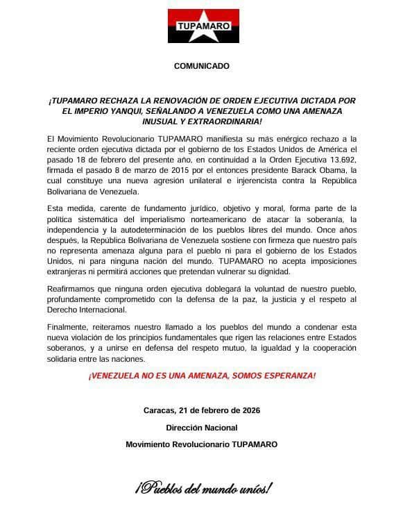 TUPAMARO Rechaza La Renovación De La Orden Ejecutiva Dictada Por  El Imperio Yanqui, Señalando A Venezuela Como Una Amenaza  Inusual E Extraordinaria
